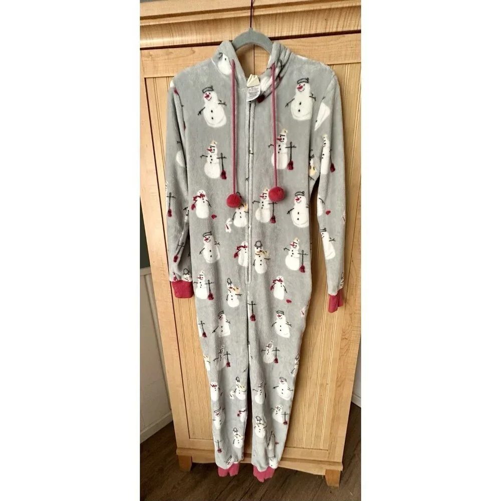 Munki Munki Women's One-Piece Hooded Fleece Pajamas Gray‎ Pink Spark Size Small